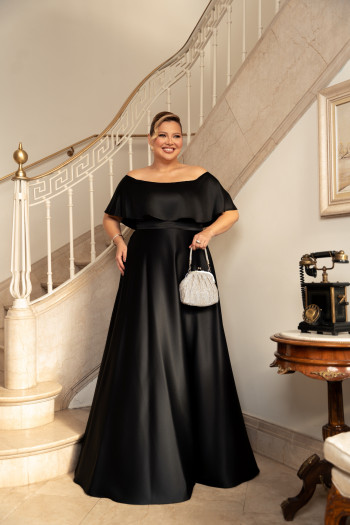 VESTIDO DE FESTA PAULA CREPE ACETINADO PLUS SIZE - PRETO