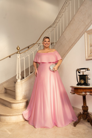VESTIDO DE FESTA PAULA CREPE ACETINADO PLUS SIZE - ROSÉ