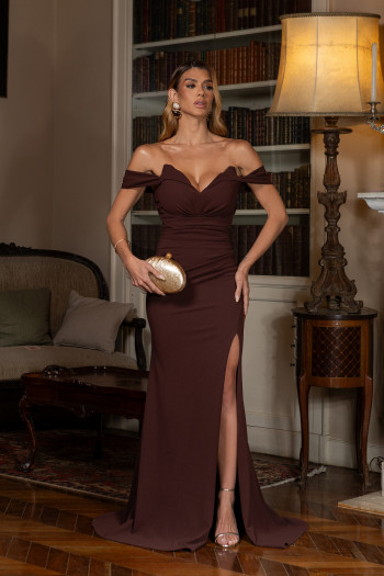 VESTIDO DE FESTA ALINE CREPE FRANCÊS - MARROM