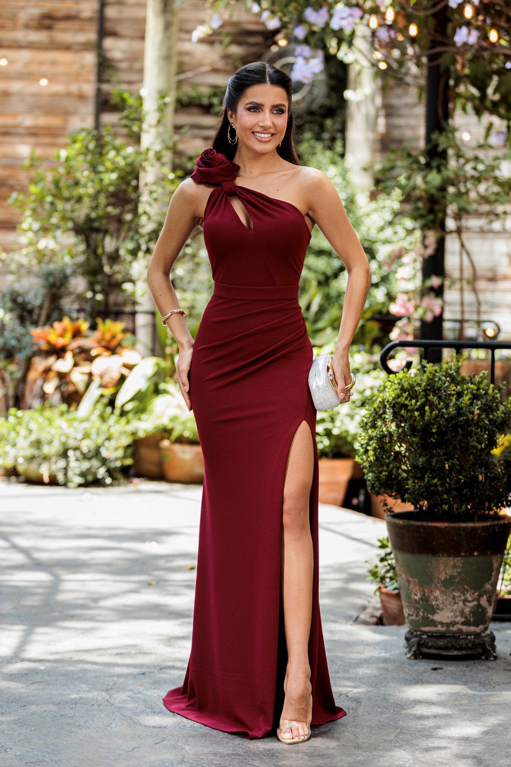 VESTIDO DE FESTA NULA MANGA FLOWERS CREPE FRANCÊS - MARSALA