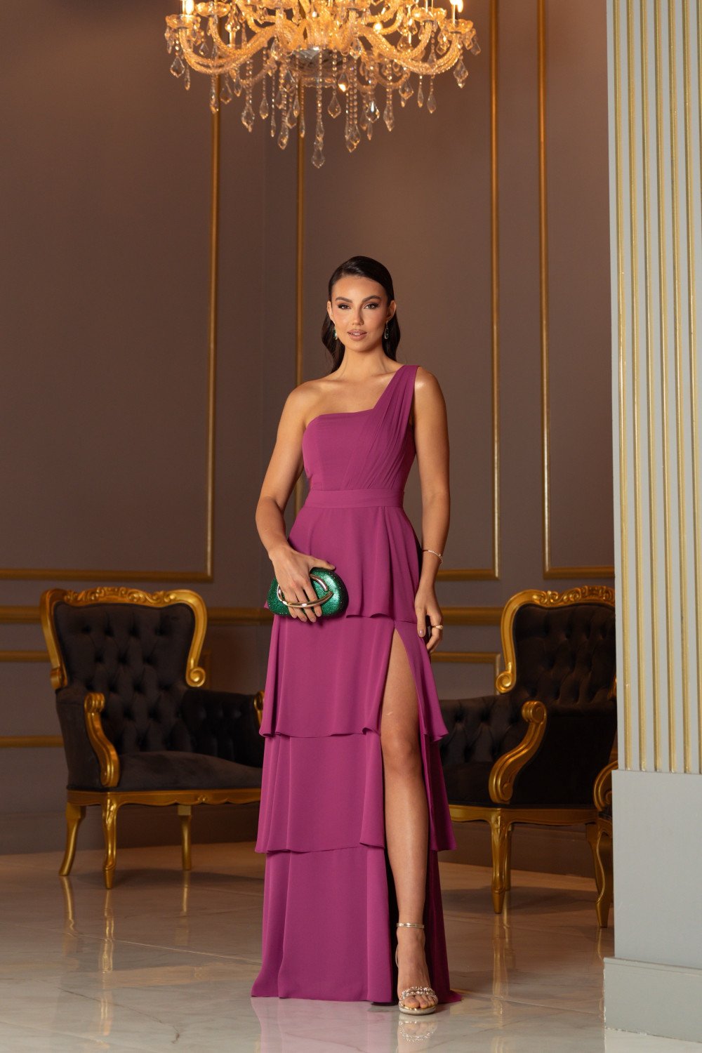 VESTIDO DE FESTA HOLANDA UM OMBRO SAIA CAMADAS - FÚCSIA