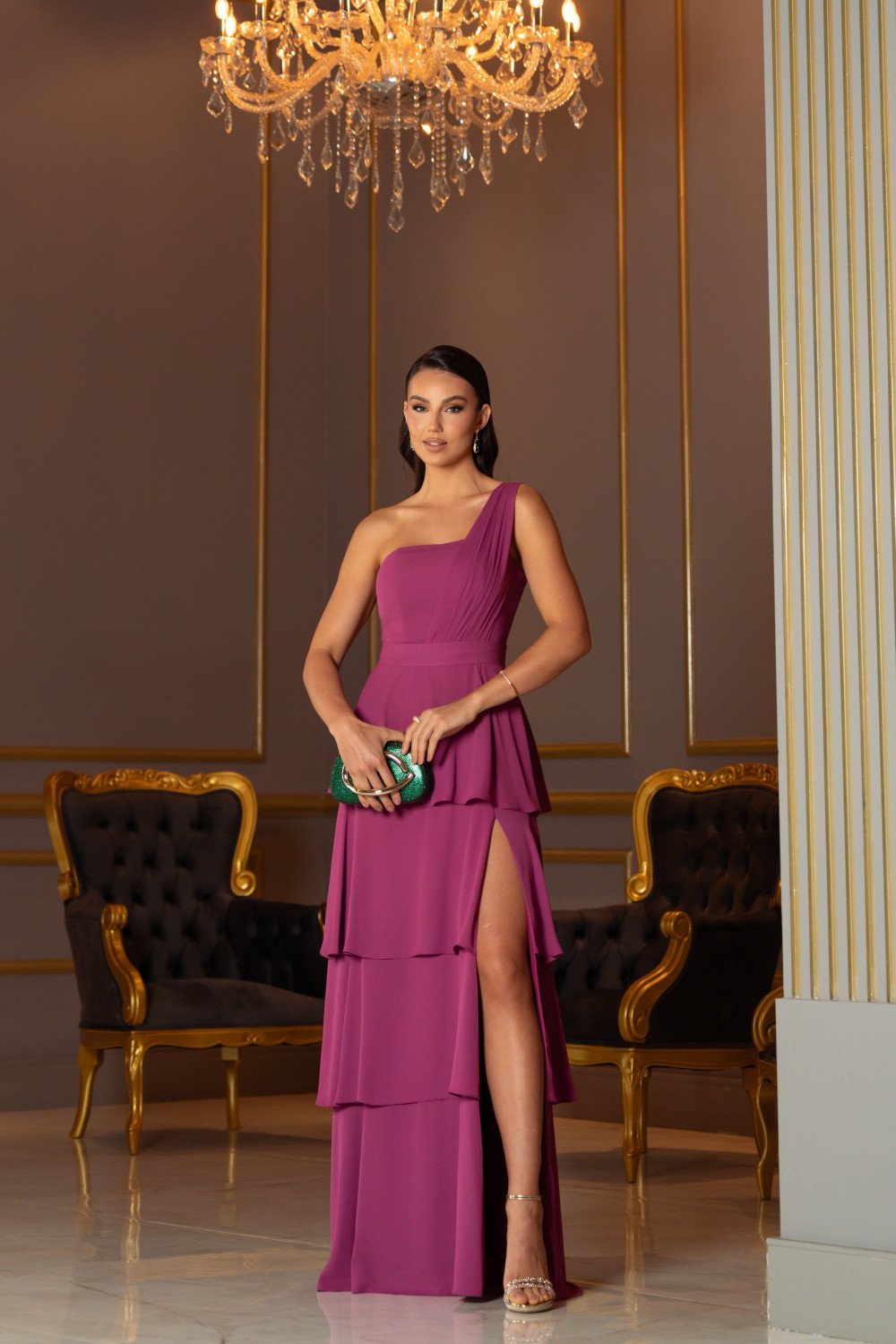 VESTIDO DE FESTA HOLANDA UM OMBRO SAIA CAMADAS - FÚCSIA