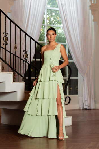 VESTIDO DE FESTA HOLANDA UM OMBRO SAIA CAMADAS - VERDE MENTA