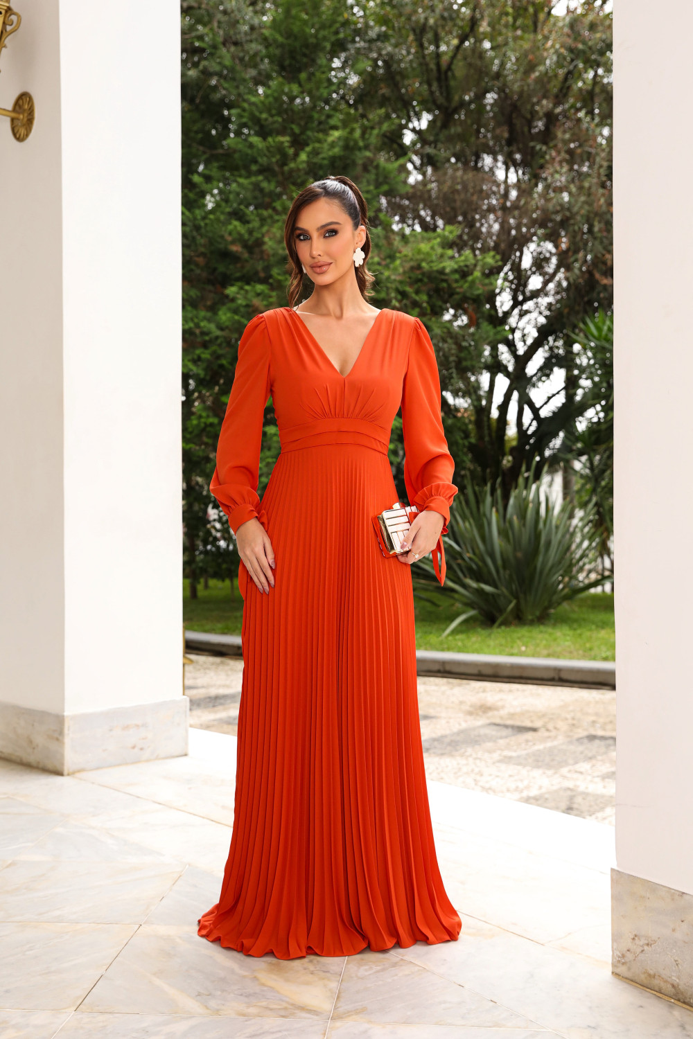 VESTIDO DE FESTA GIOVANA CREPE MUSSELINE DETALHE PLISSADO - TERRACOTA
