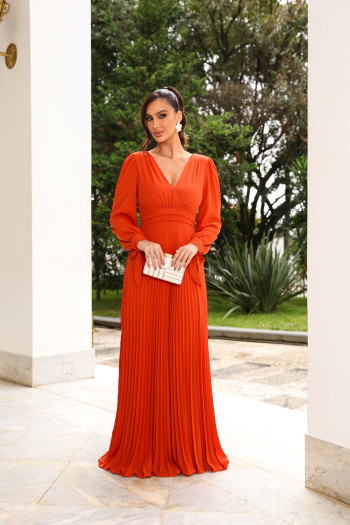 VESTIDO DE FESTA GIOVANA CREPE MUSSELINE DETALHE PLISSADO - TERRACOTA