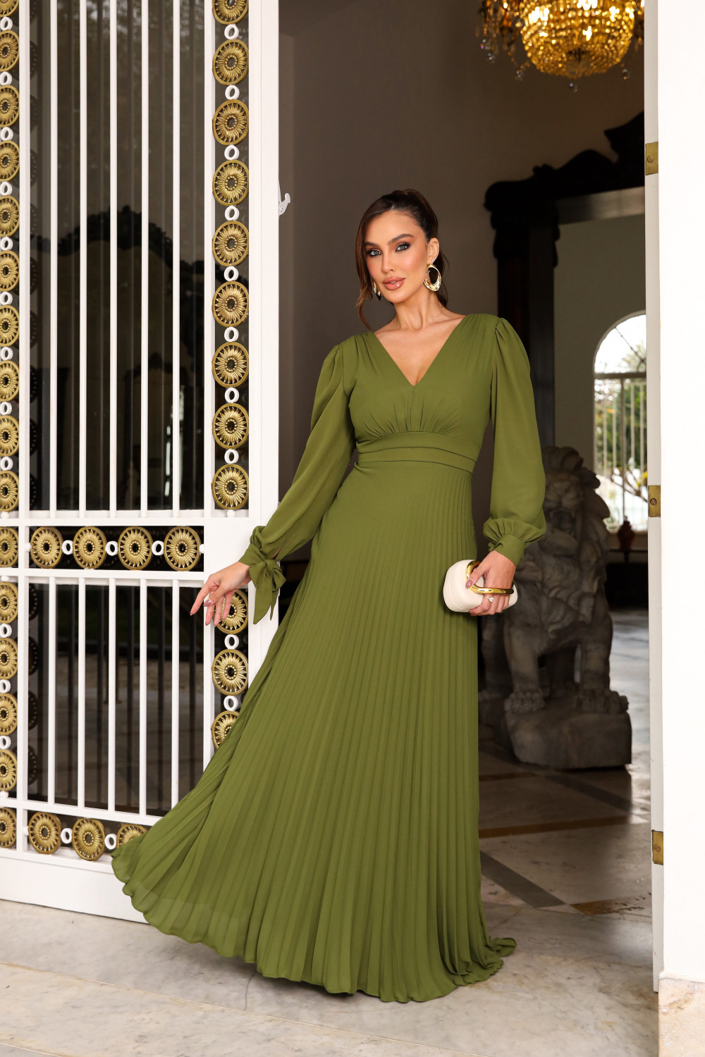 VESTIDO DE FESTA GIOVANA CREPE MUSSELINE DETALHE PLISSADO - VERDE OLIVA