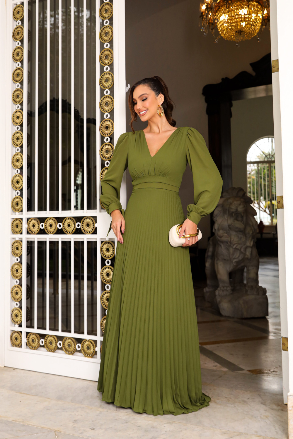 VESTIDO DE FESTA GIOVANA CREPE MUSSELINE DETALHE PLISSADO - VERDE OLIVA