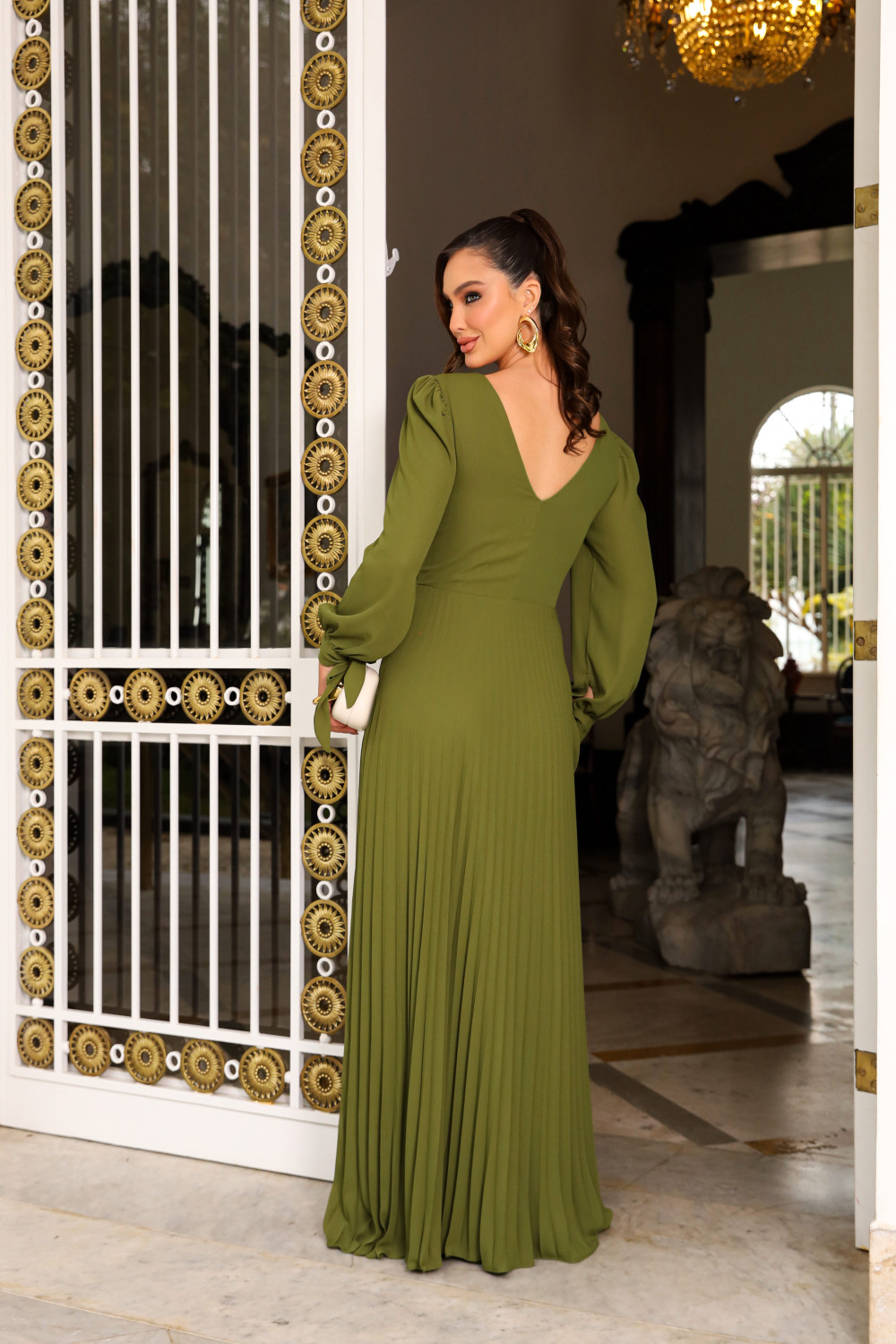 VESTIDO DE FESTA GIOVANA CREPE MUSSELINE DETALHE PLISSADO - VERDE OLIVA