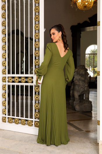 VESTIDO DE FESTA GIOVANA CREPE MUSSELINE DETALHE PLISSADO - VERDE OLIVA