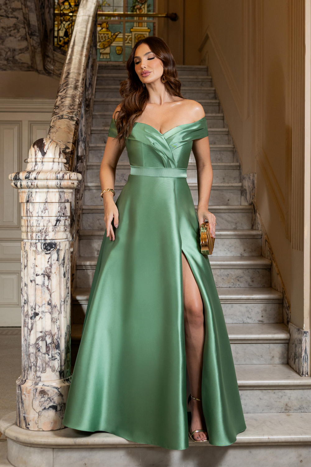 VESTIDO DE FESTA ITÁLIA OMBRO A OMBRO ZIBELINE - VERDE OLIVA