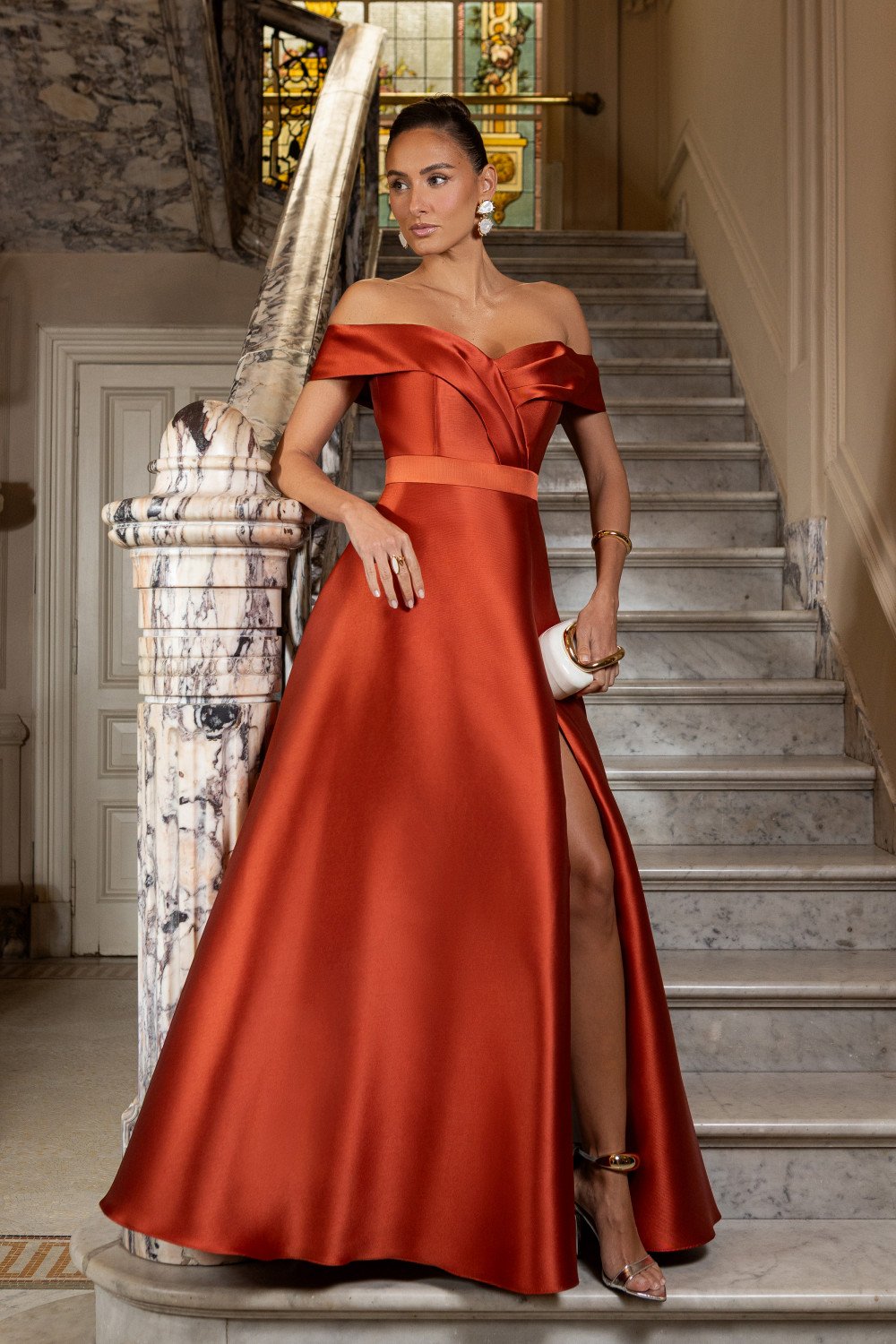 VESTIDO DE FESTA ITÁLIA OMBRO A OMBRO ZIBELINE - TERRACOTA