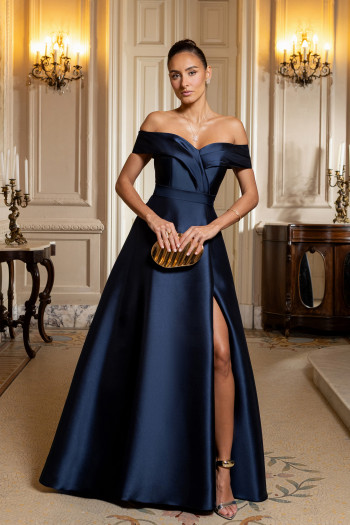 VESTIDO DE FESTA ITÁLIA OMBRO A OMBRO ZIBELINE - AZUL MARINHO