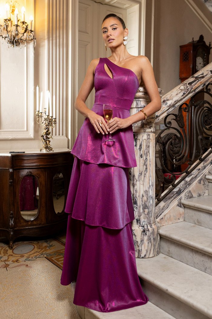 VESTIDO LUXUS DIAMOND UM OMBRO - FÚCSIA