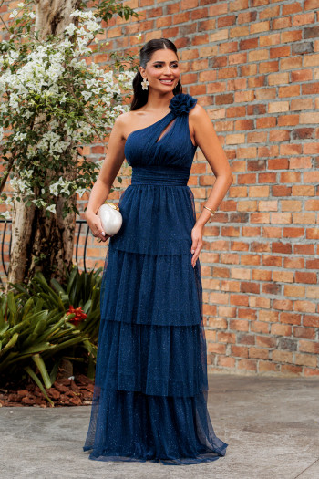 VESTIDO DE FESTA NEW FLOWERS TULE BRILHO - AZUL MARINHO