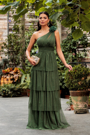 VESTIDO DE FESTA NEW FLOWERS TULE BRILHO - VERDE OLIVA