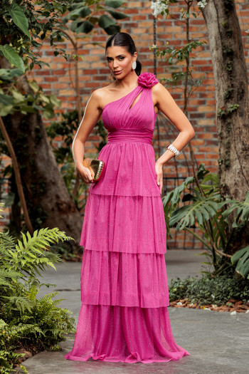 VESTIDO DE FESTA NEW FLOWERS TULE BRILHO - FÚCSIA