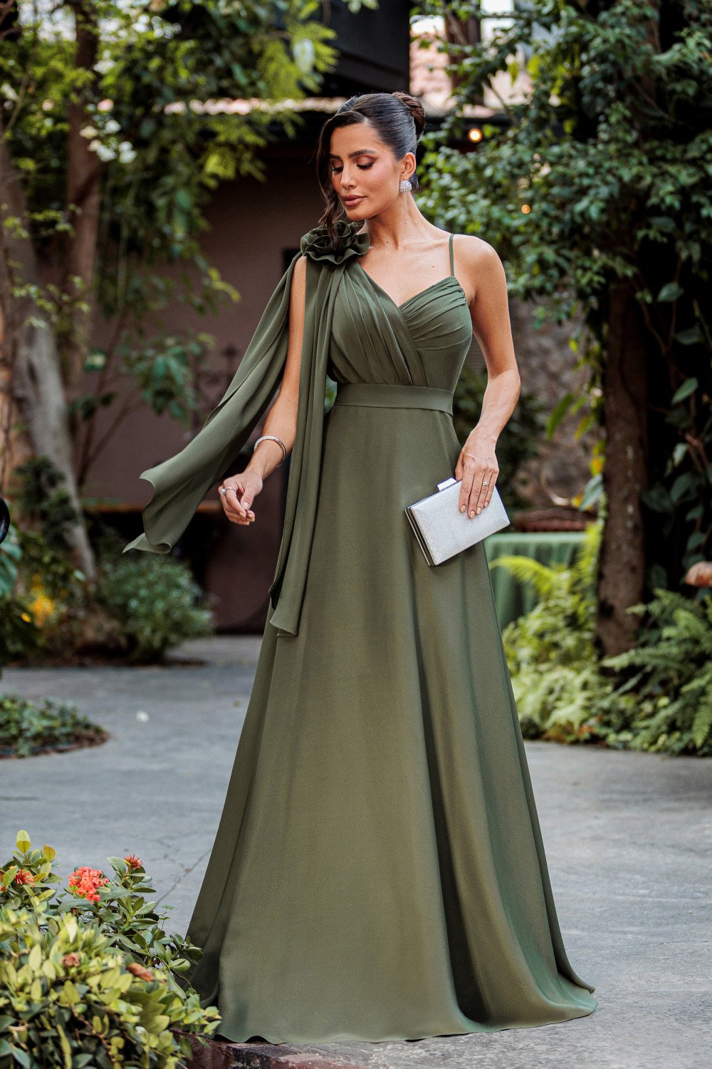 VESTIDO DE FESTA ORQUIDEA CREPE MUSSELINE - VERDE OLIVA