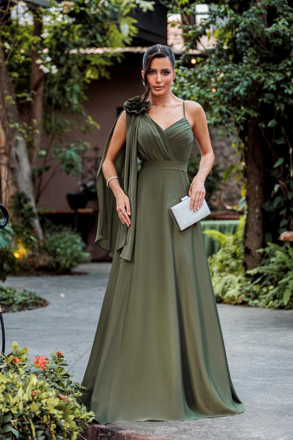 VESTIDO DE FESTA ORQUIDEA CREPE MUSSELINE - VERDE OLIVA