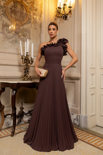 VESTIDO DE FESTA BOHEMIAN OMBRO FLOWERS - MARROM