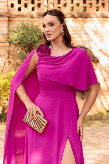 VESTIDO DE FESTA LONGO GARDEN DETALHE CAPA - FÚCSIA