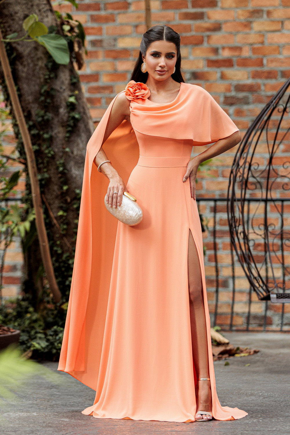 VESTIDO DE FESTA LONGO GARDEN DETALHE CAPA - LARANJA