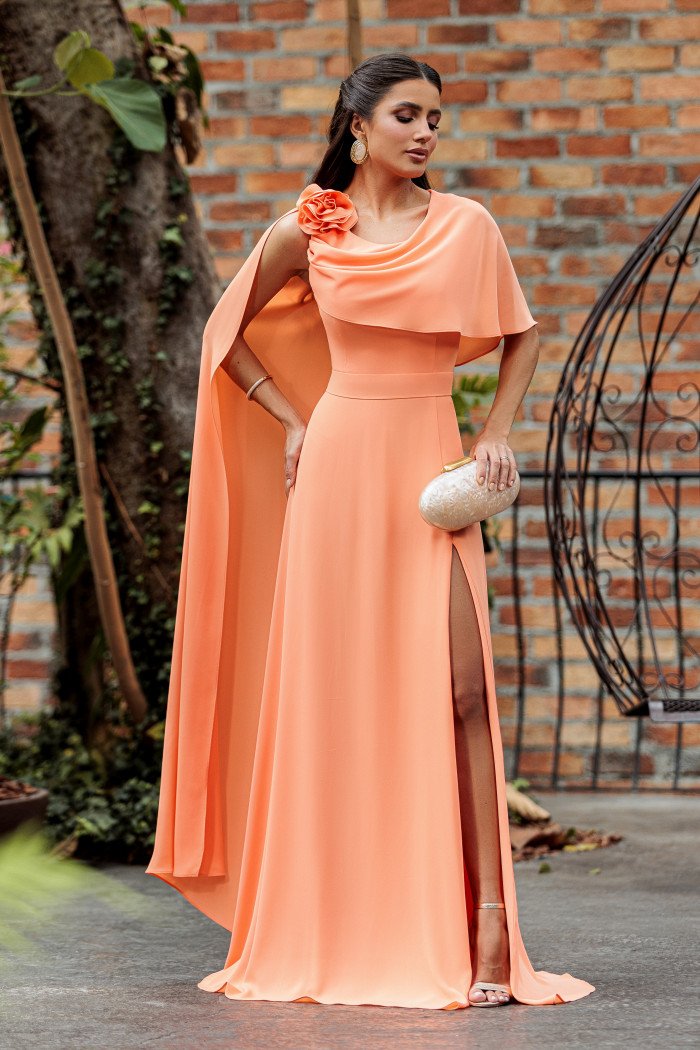 VESTIDO DE FESTA LONGO GARDEN DETALHE CAPA - LARANJA