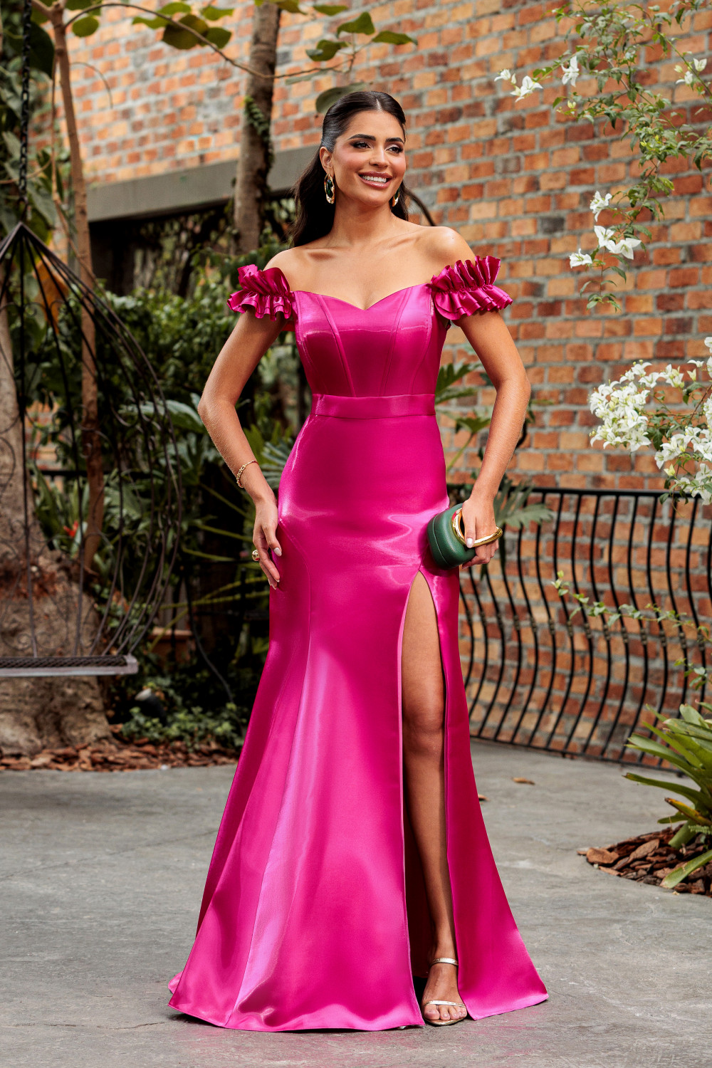 VESTIDO DE FESTA MANHATTAN OMBRO A OMBRO ZIBELINE GLOW - FÚCSIA