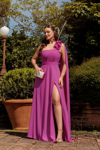 VESTIDO DE FESTA RANCHCORE MANGA AMPLA OMBRO - FÚCSIA