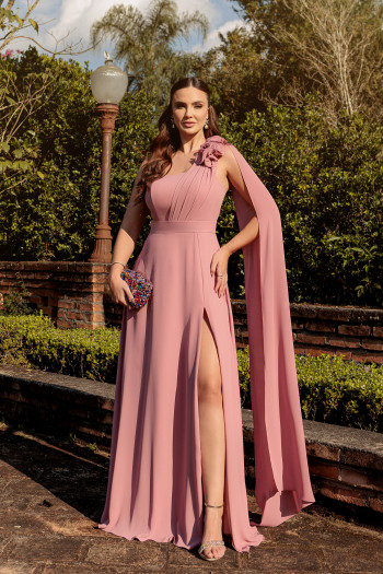 VESTIDO DE FESTA RANCHCORE MANGA AMPLA OMBRO - ROSA CANELA