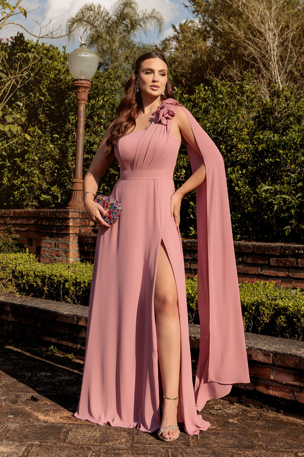 VESTIDO DE FESTA RANCHCORE MANGA AMPLA OMBRO - ROSA CANELA