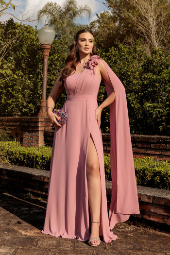 VESTIDO DE FESTA RANCHCORE MANGA AMPLA OMBRO - ROSA CANELA