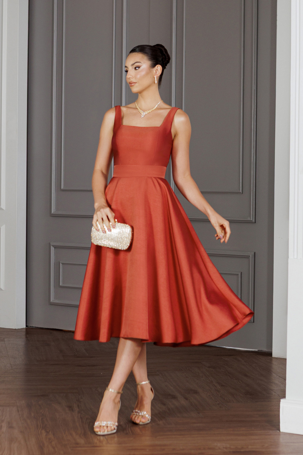 VESTIDO MIDI SINGAPURA ZIBELINE FAIXA AMARRAÇÃO - TERRACOTA ESCURO