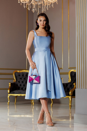 VESTIDO MIDI SINGAPURA ZIBELINE FAIXA AMARRAÇÃO - AZUL SERENITY