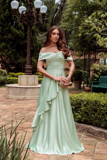 VESTIDO DE FESTA TAYLOR CREPE ACETINADO OMBRO A OMBRO - VERDE MENTA