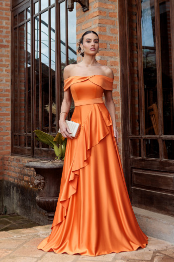 VESTIDO DE FESTA TAYLOR CREPE ACETINADO OMBRO A OMBRO - LARANJA