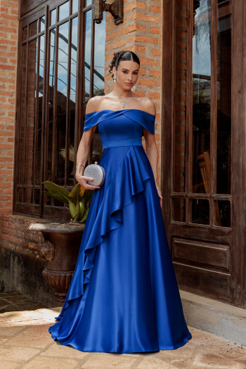 VESTIDO DE FESTA TAYLOR CREPE ACETINADO OMBRO A OMBRO - AZUL ROYAL