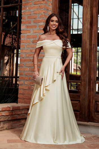 VESTIDO DE FESTA TAYLOR CREPE ACETINADO OMBRO A OMBRO - AMARELO