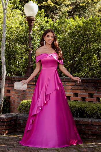 VESTIDO DE FESTA TAYLOR CREPE ACETINADO OMBRO A OMBRO - FÚCSIA