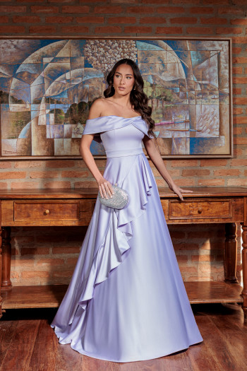 VESTIDO DE FESTA TAYLOR CREPE ACETINADO OMBRO A OMBRO - LAVANDA