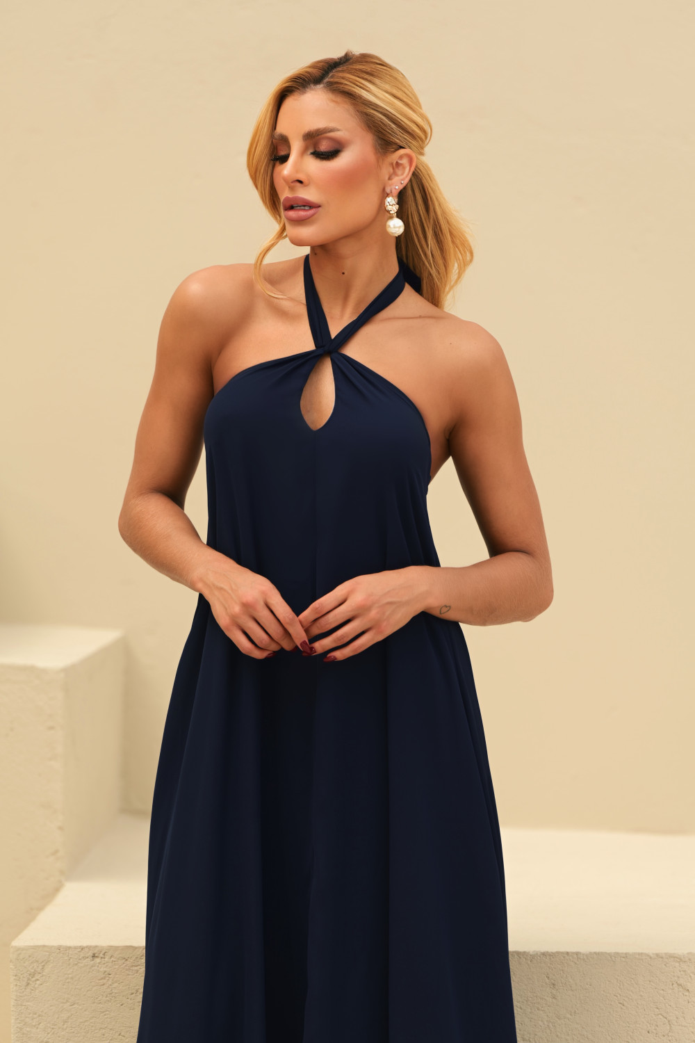 VESTIDO VALENTINA CREPE MUSSELINE - AZUL MARINHO