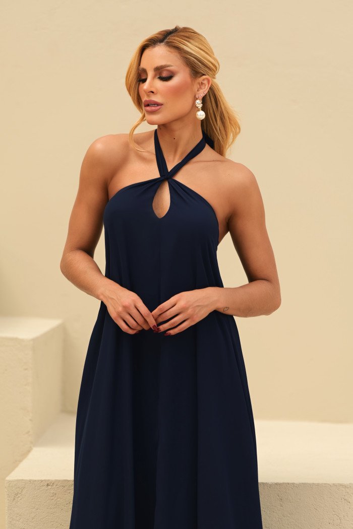 VESTIDO VALENTINA CREPE MUSSELINE - AZUL MARINHO