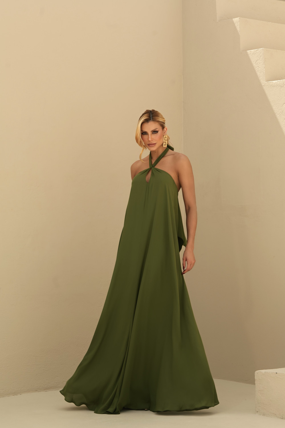 VESTIDO VALENTINA CREPE MUSSELINE - VERDE OLIVA