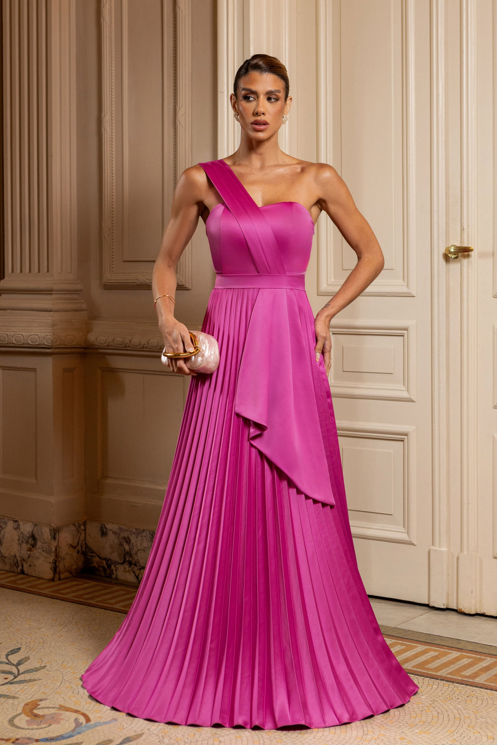 VESTIDO DE FESTA UM OMBRO CREPE VOGUE - FÚCSIA