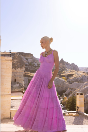 VESTIDO CHRISTINE LONGO TULE FRANZIDO - ROSA