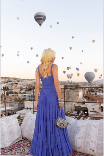 VESTIDO CHRISTINE LONGO TULE FRANZIDO - AZUL