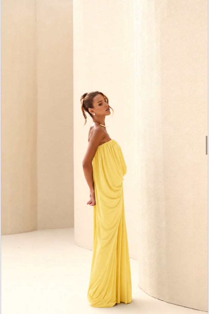 VESTIDO JUJU LONGO BLUSÊ DRAPEADO - CAMOMILA