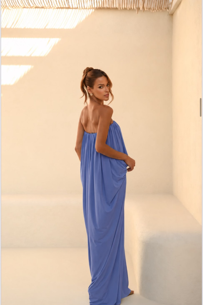VESTIDO JUJU LONGO BLUSÊ DRAPEADO - AZUL OCEAN