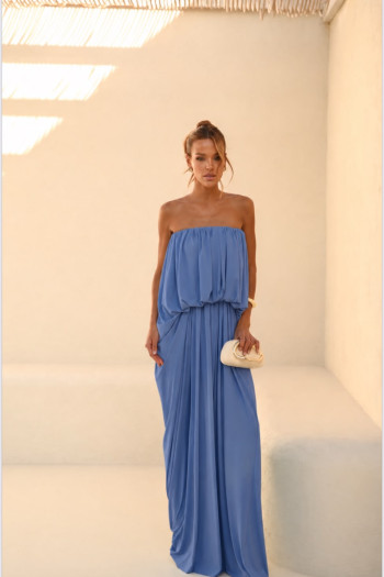 VESTIDO JUJU LONGO BLUSÊ DRAPEADO - AZUL OCEAN