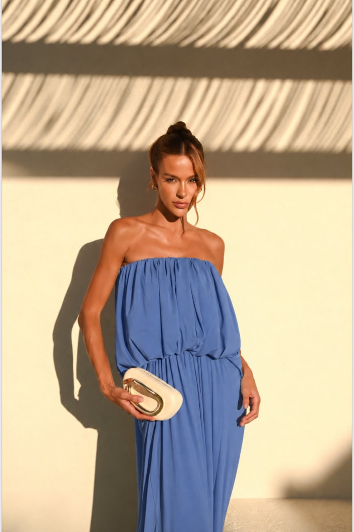 VESTIDO JUJU LONGO BLUSÊ DRAPEADO - AZUL OCEAN