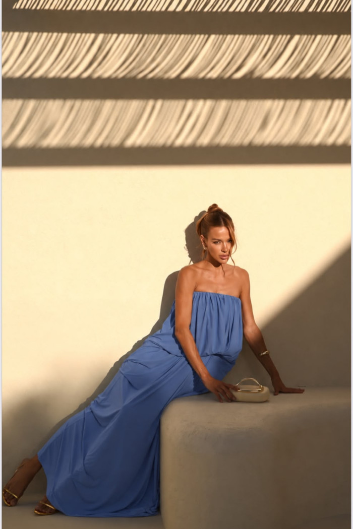 VESTIDO JUJU LONGO BLUSÊ DRAPEADO - AZUL OCEAN